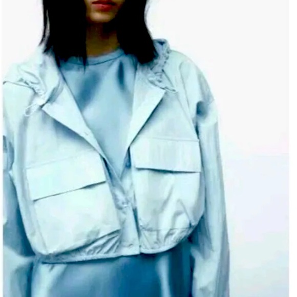 NewZara Pockets Buttons  Light Blue Hoodie jacket - Picture 1 of 16